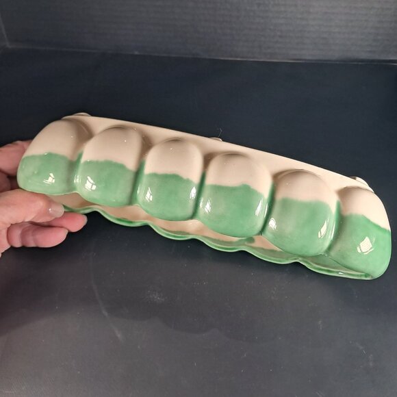 MCM, Vintage Oblong Ceramic Planter Green Drip Glaze And Ivory Base - Picture 5 of 9